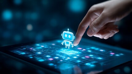 Human finger interacts with a glowing chatbot icon on a futuristic digital interface