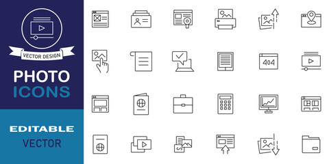 Photo icon set. Included icons as camera, photographer, video, photo, pictogram, photograph, gallery and more outline symbol. Set of 24 icons related to photo. Vector illustration.