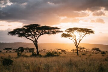 Obraz premium Majestic sunset over African savannah with acacia trees silhouetted against the horizon