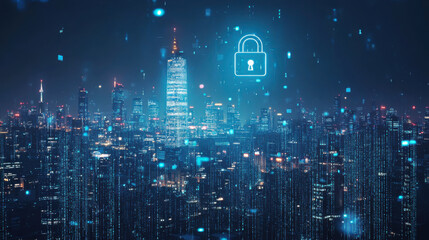 Glowing Padlock hologram, night panoramic city view