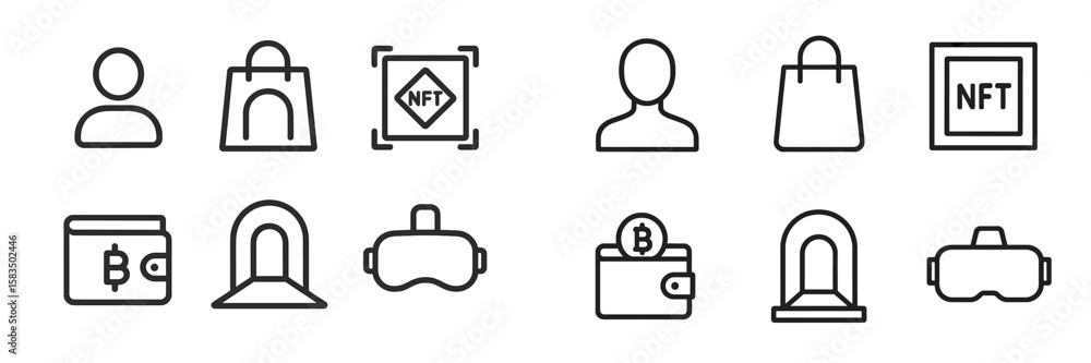 Poster digital icons representing blockchain technology, cryptocurrency, and virtual reality experiences in