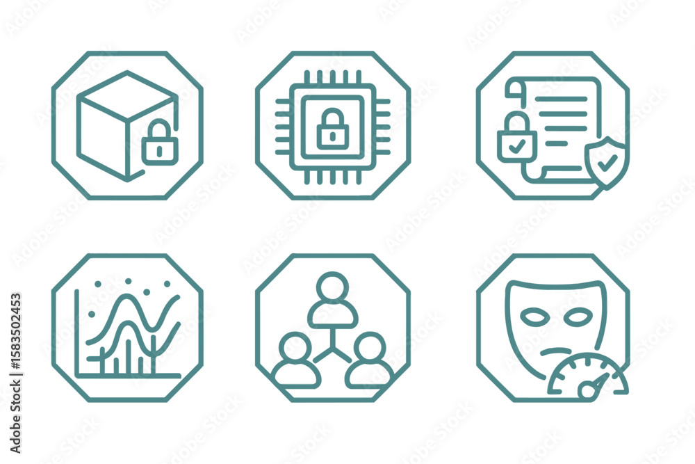 Poster collection of six icons representing cybersecurity elements in a modern digital environment