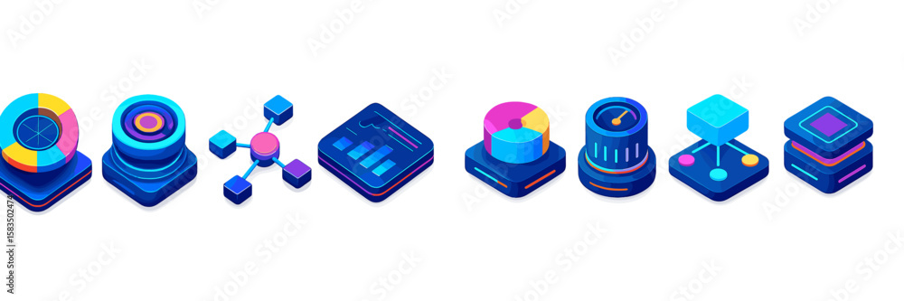 Poster colorful data visualization icons representing analytics and technology in a digital design context