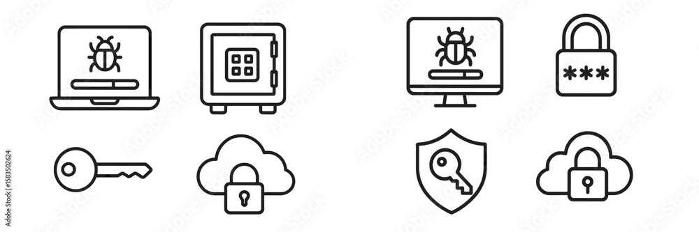 Poster security icons illustrating digital protection measures, software vulnerabilities, and data encrypti