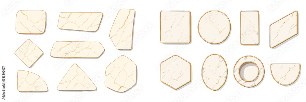 Poster shapes made of white marble with golden edges arranged in various sizes and orientations on a plain 