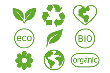 Green symbols representing eco-friendly and organic practices for sustainability awareness and environmental care