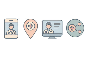 Medical technology icons represent telemedicine services in a modern healthcare setting