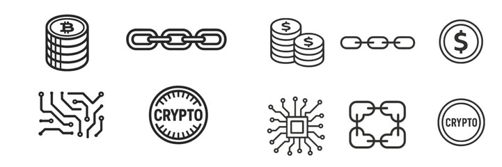 Collection of cryptocurrency related icons representing blockchain technology and digital currency concepts