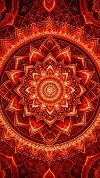 Intricate red geometric pattern with concentric circles and glowing lights.