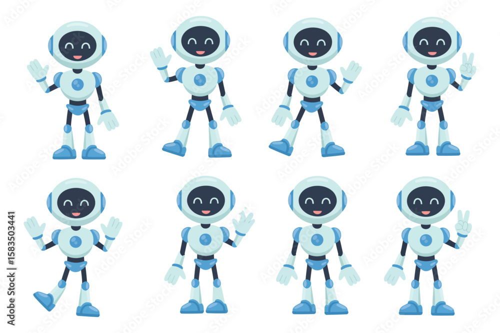 Aufkleber robot vector character set in various poses featuring animated icons perfect for technology branding