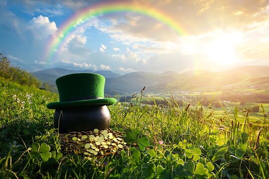 Pot of gold with green hat under rainbow in sunny landscape for St. Patrick's Day
