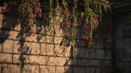 Stone wall with climbing flowers and shadows.