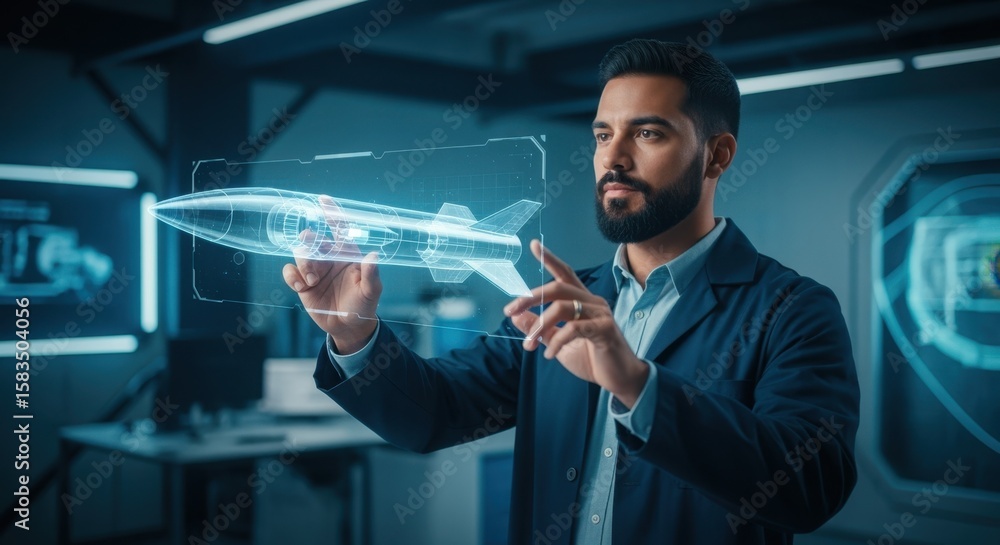 Poster advanced technology specialist adjusting virtual missile model in immersive lab setting.