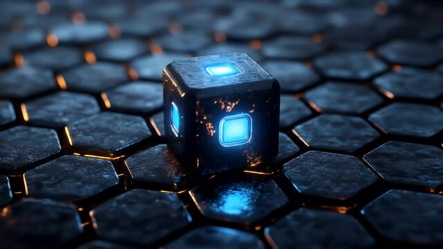 Glowing blue cube on dark hex grid