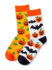 Festive Halloween-themed Socks with Pumpkin and Bat Patterns Folded Neatly on White Background for Spooky Holiday Vibes