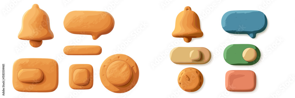 Poster colorful clay shapes representing user interface elements arranged on a white background