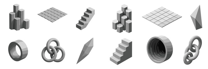 Fototapeta premium Abstract geometric shapes in grayscale arranged in various formations, showcasing 3D design and spatial relationships