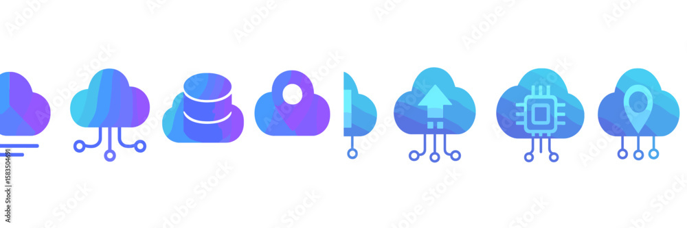 Aufkleber cloud technology icons representing various services and functionalities for digital solutions