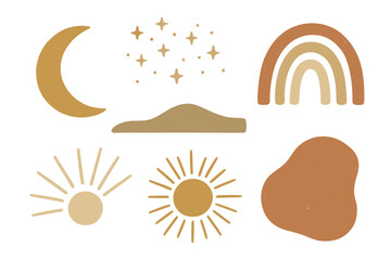 Illustrative designs featuring celestial and natural elements, including moon, stars, rainbows, and sun rays