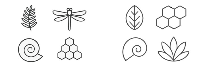 Abstract nature elements illustrated with simple line art designs depicting various flora and fauna patterns in contemporary style