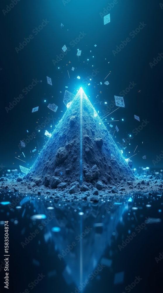 Poster surreal tech scene of fragmented storage structure, ideal for cybersecurity, data risk and infrastru
