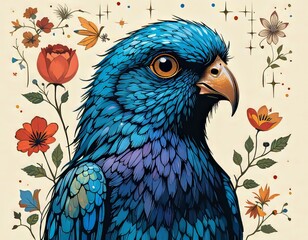 un pájaro con plumas azules con un fondo con flores