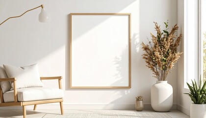 Bright living space with blank canvas, chair, and plants for decoration