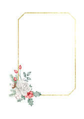 White Rose Christmas Floral Frame with Gold Border vector illustration