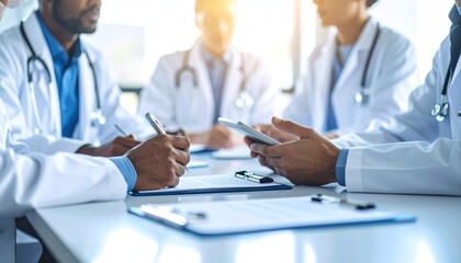 Doctors meeting collaborating on patient care and medical records.