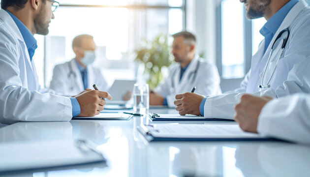 Doctors collaborate during a meeting in a bright conference room.