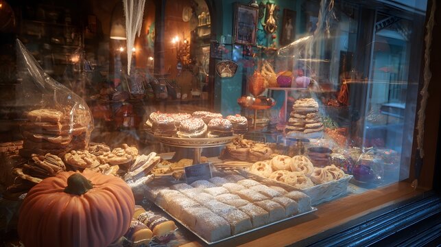 Delightful bakery window showcasing an array of delicious, tempting pastries and treats.