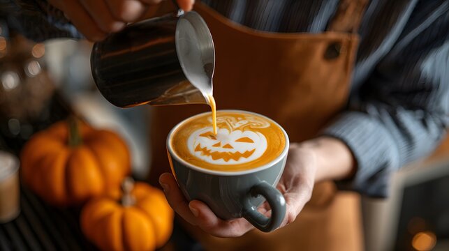 A delicious halloween-themed coffee drink with artistic latte art - Powered by Adobe