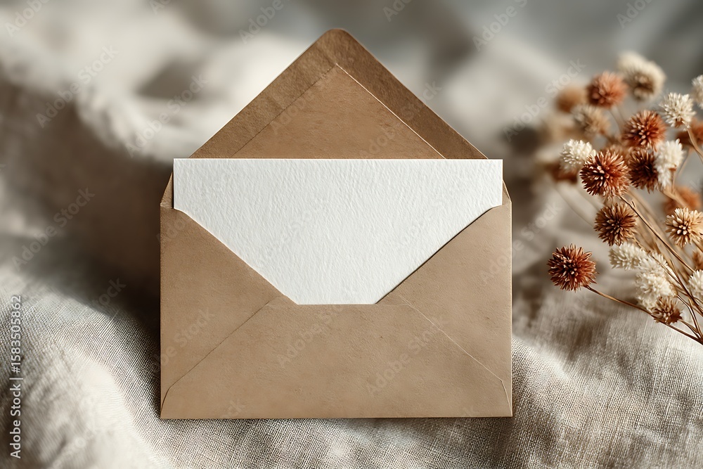 Aufkleber an open envelope with a blank card on a linen background