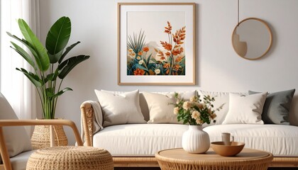 Cozy Living Room Interior with Floral Art and Neutral Furniture.