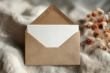 An open envelope with a blank card on a linen background