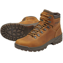 Pair of tan leather hiking boots with laces isolated on a transparent background