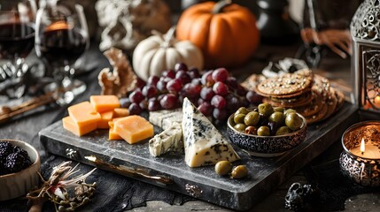 A spooky and delicious Halloween charcuterie board with festive decor.