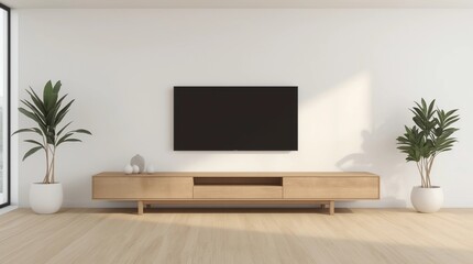 Obraz premium 3D rendering of modern living room with TV screen and sofa on nature background.