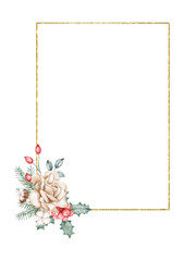 Winter Watercolor Rose Floral Frame with Gold Border vector illustration