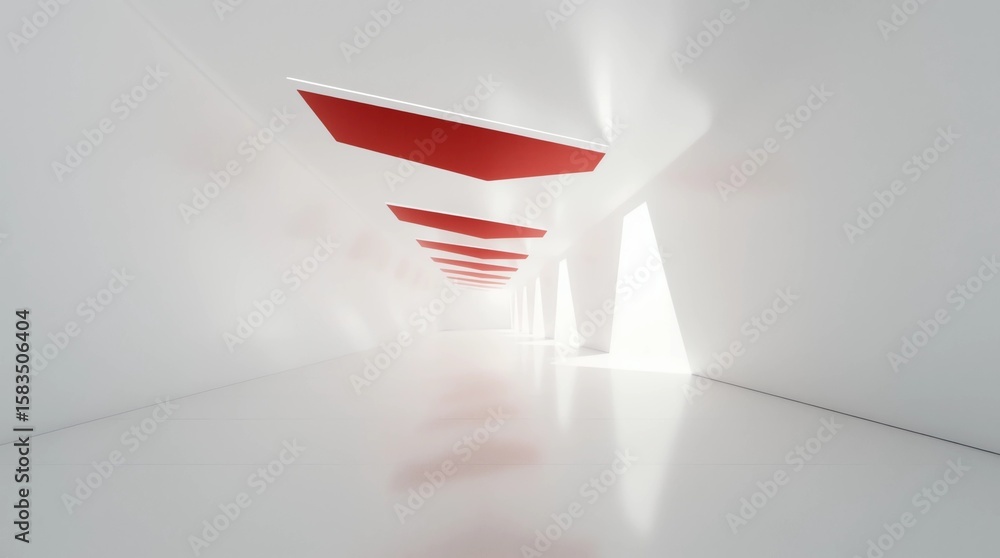 Poster 3d stimulate of white interior space and red line with sun light cast the shadow on the wall and flo