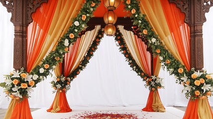 Ornate wooden wedding arch draped with orange and gold fabric adorned with flowers