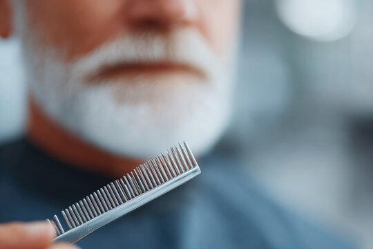 barber trimming mustache with small scissors over classic chair