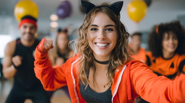 Happy woman in a cat costume at a Halloween workout with friends.