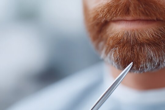 barber trimming mustache with small scissors over classic chair