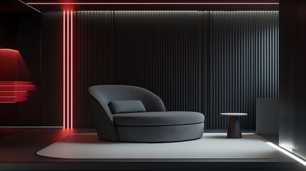 Modern lounge with dark accents and red lighting