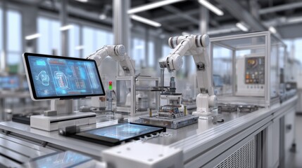 Quality Control Inspection: ultra-realistic image of quality control station in a high-tech manufacturing facility, robotic sensors scanning products, digital monitors showing analysis