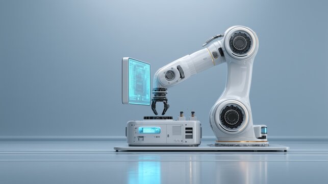 Quality Control - Minimal Tech Concept: minimalistic concept art of automated quality control system, single robotic scanner arm, digital display interface