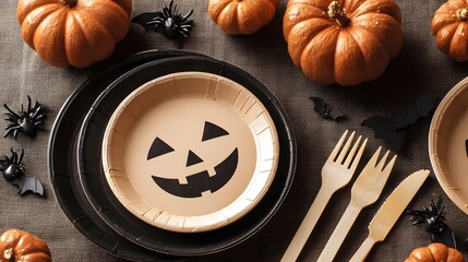 Halloween table setting with pumpkins, jack o'lantern plates, and decorative accents.