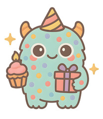 Adorable cartoon monster in a party hat holding a cupcake and present. Fun and festive image perfect for birthday celebrations.
