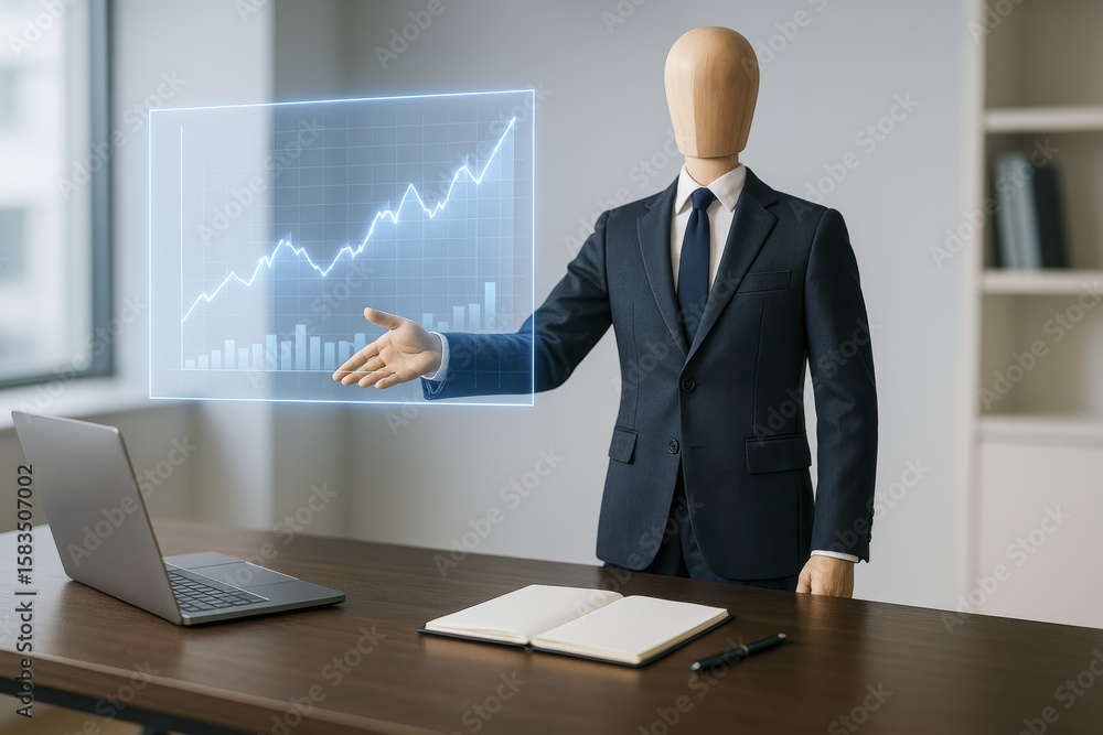 Poster the concept growth and progress is demonstrated by a wooden mannequin in business attire presenting 